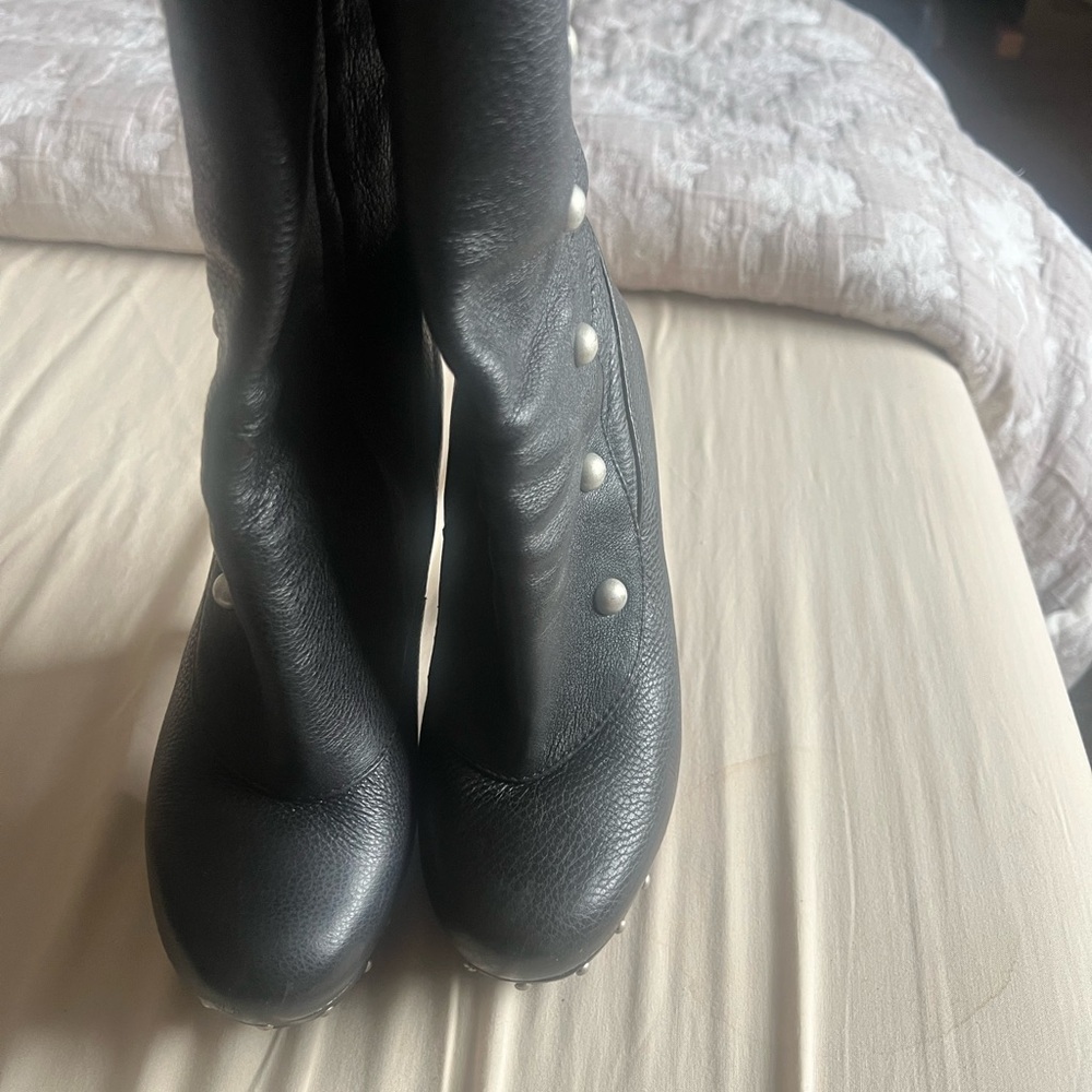 UGG Black Leather Stud-Detail Mid-Calf Heeled Boots